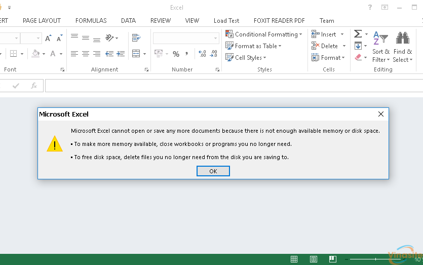 Sửa lỗi Microsoft Excel Cannot Open Or Save Any More Documents Because There Is Not Enough Available
