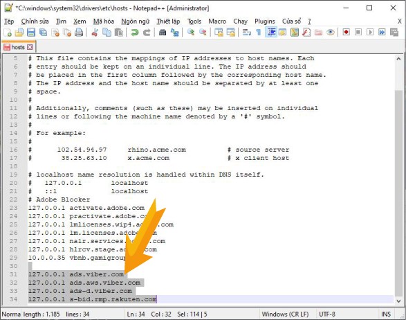 Dán thêm đoạn code mới vào file hosts