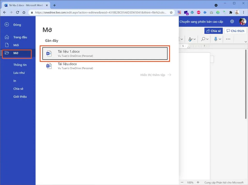 Mở file Word Online