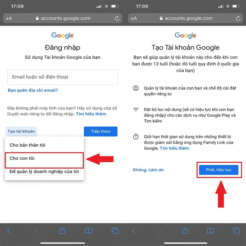 Tạo tài khoản Google cho con