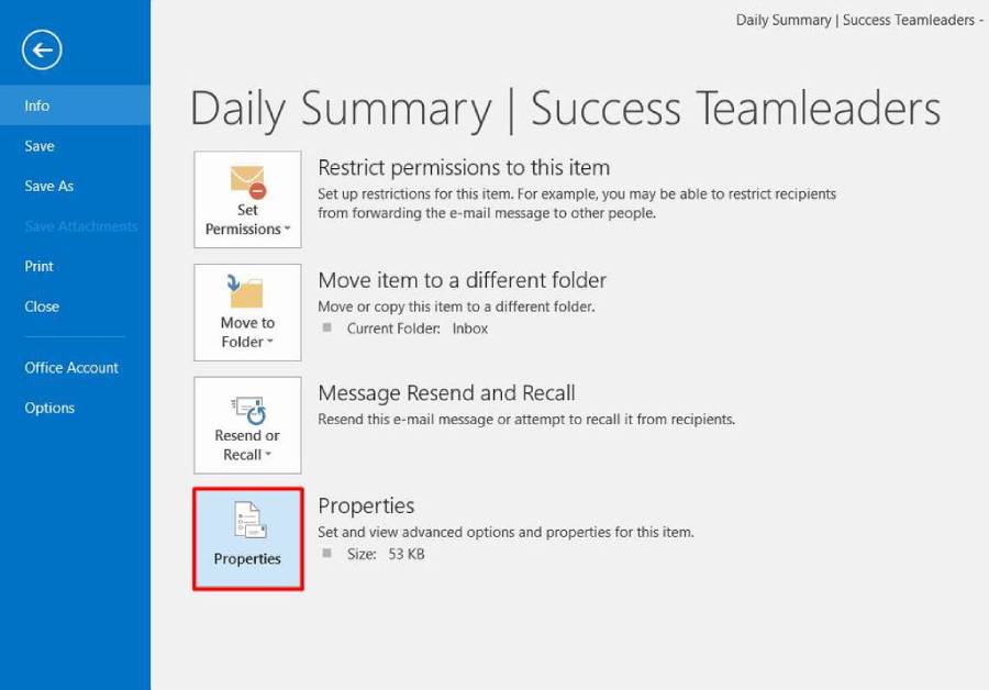 Xem properties email outlook