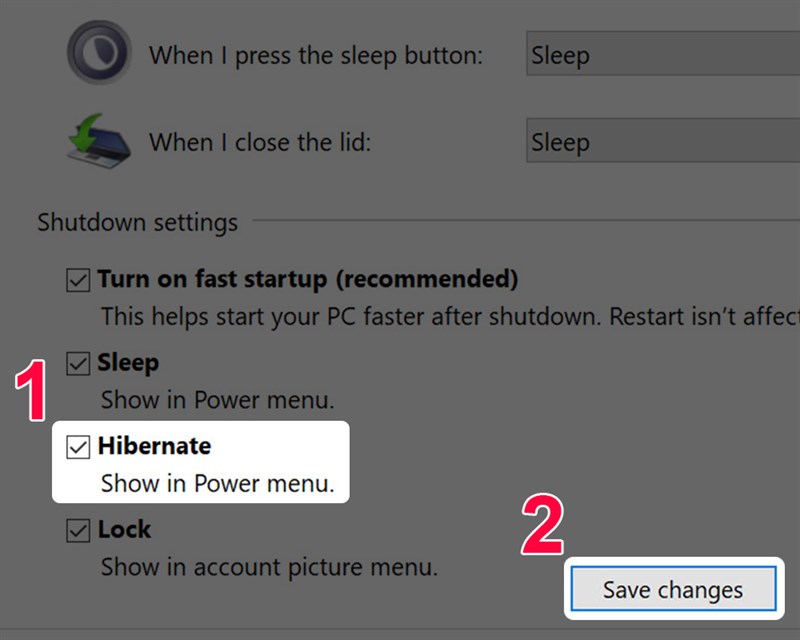 nhấn chọn Hibernate để bật chế độ ngủ đông hoặc bỏ chọn để tắt