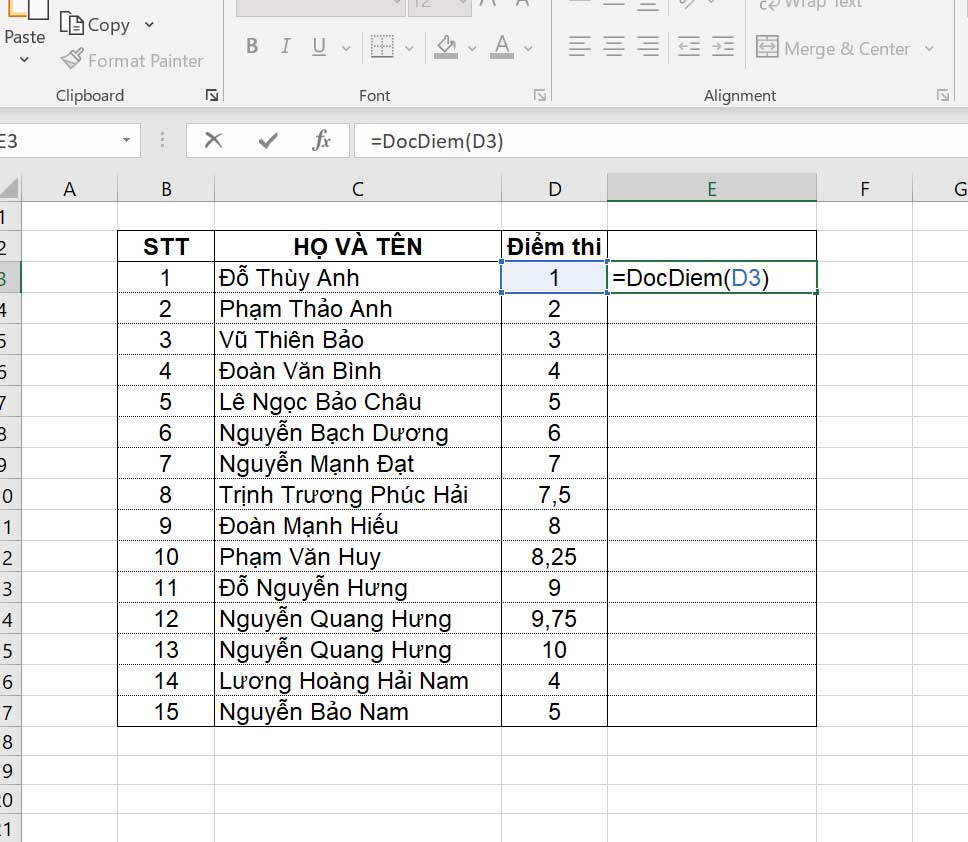 Cách Đọc điểm số thành chữ cho Excel