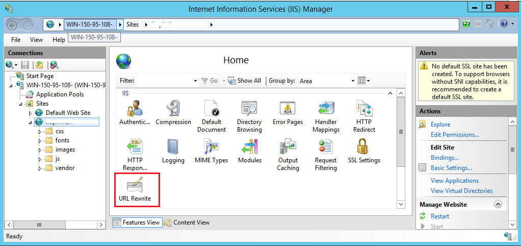 Mở “IIS manager” console, chọn tên miền website cần cấu hình chuyển hướng và chọn “URL Rewrite“