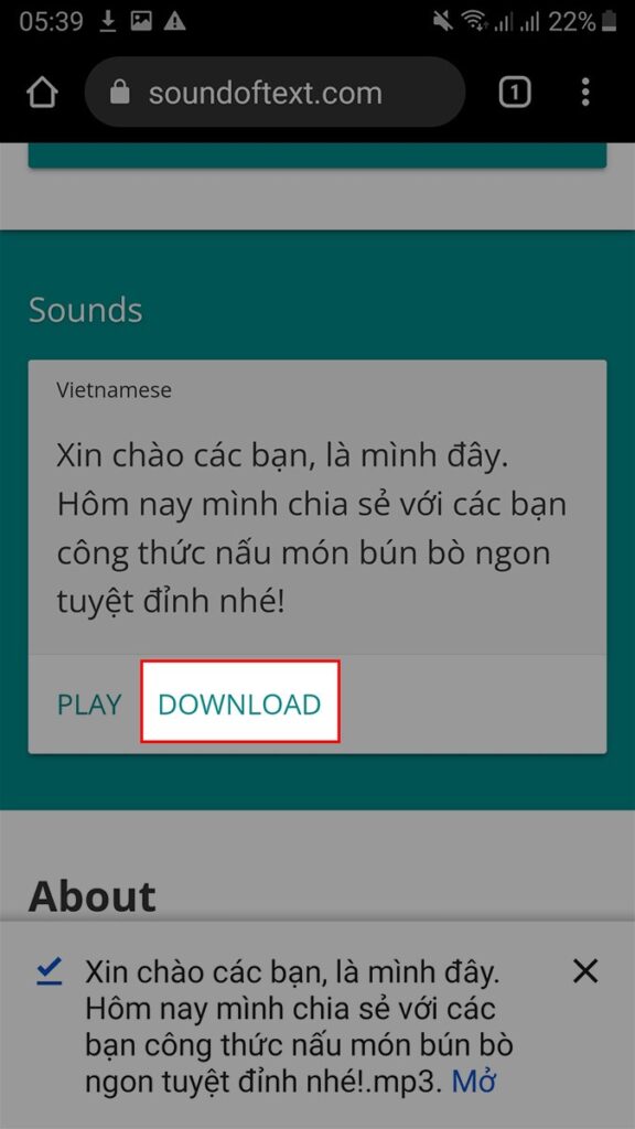 Chọn DOWNLOAD để tải file âm thanh về máy