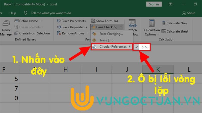 Ở danh sách xổ xuống > Chọn Circular References > Ở đây Excel sẽ chỉ cho bạn ô bị lỗi vòng lặp