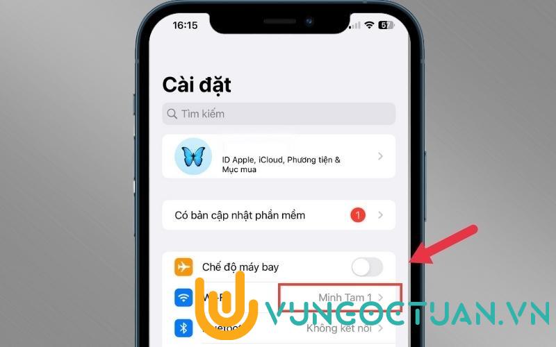 Vào Cài đặt > Bấm chọn ở mục “Wifi” để tiến hành kết nối mạng