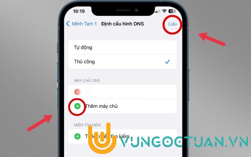 Chọn biểu tượng dấu cộng “+” để thêm DNS mới > Bấm Lưu 