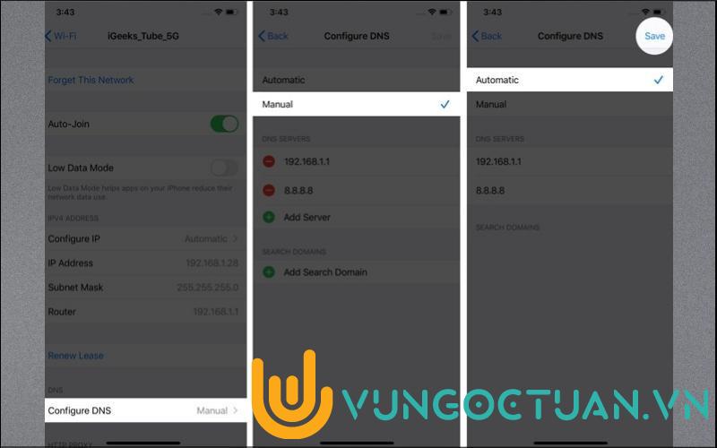 Chọn Định cấu hình DNS > Bấm vào phần Tự động > Nhấn Lưu