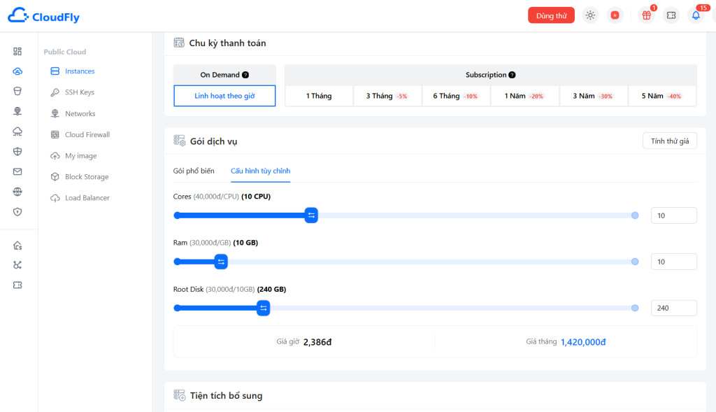 Cloudfly Cấu hình tùy chọn: vCPU, RAM, SSD NVMe, Bandwidth… muốn bao nhiêu cũng có.