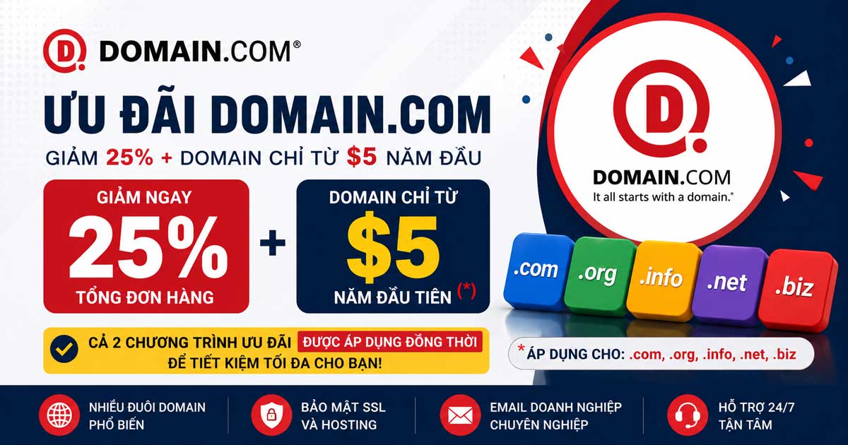 Mã giảm giá Domain.com – Giảm ngay 25% khi mua tên miền